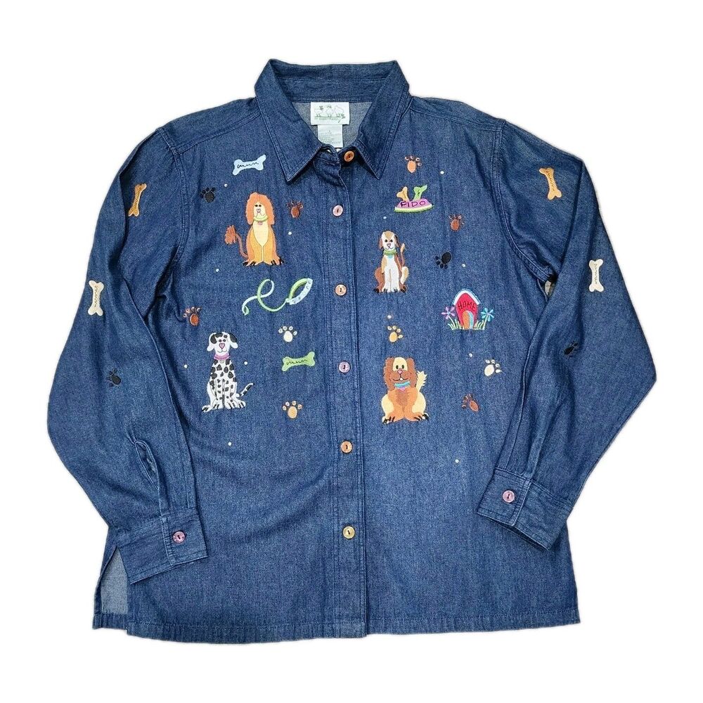 Vintage 90s Country Primitive Womens Large Dog Puppy Denim Jean Button Shirt